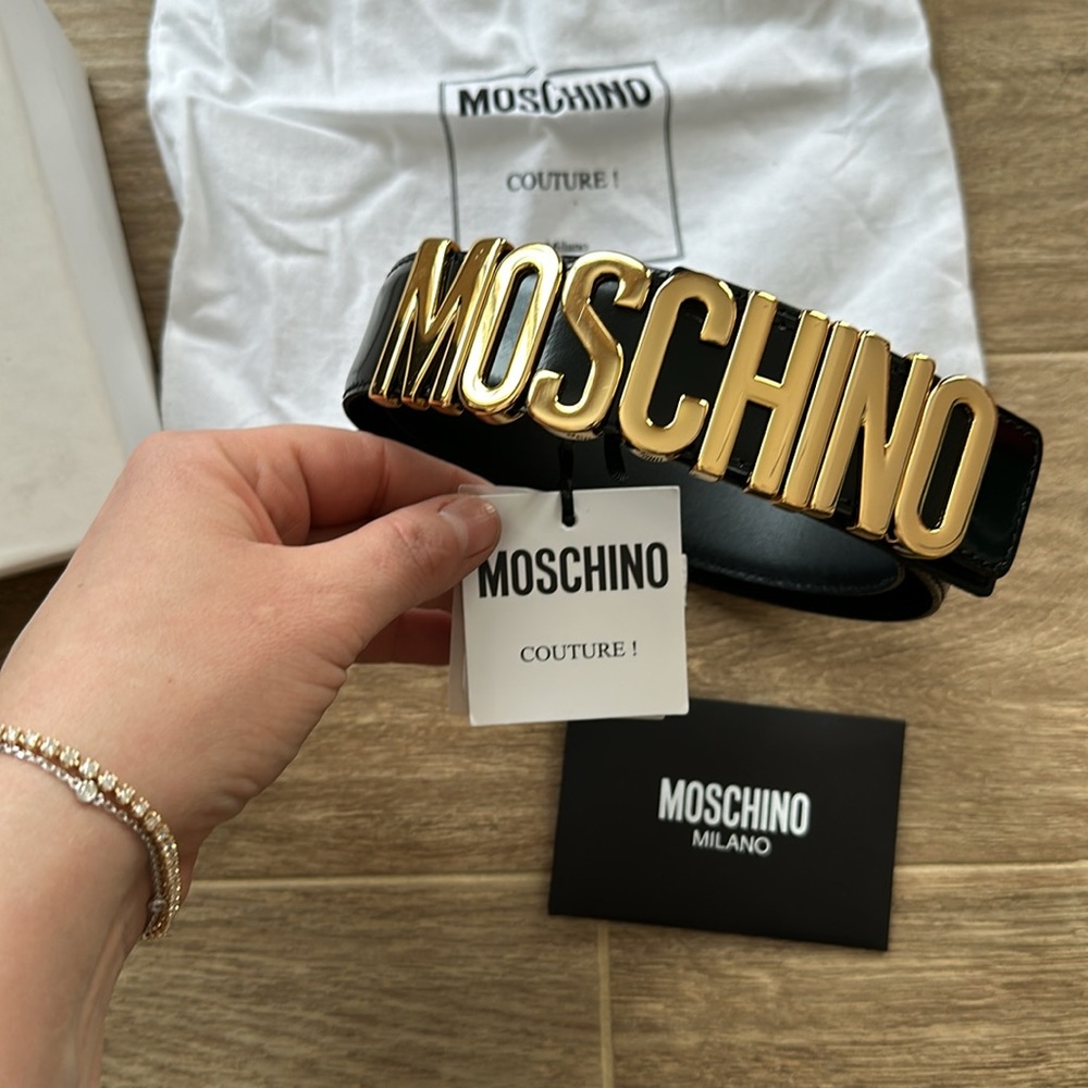 Moschino Patent Leather Gold Logo Belt